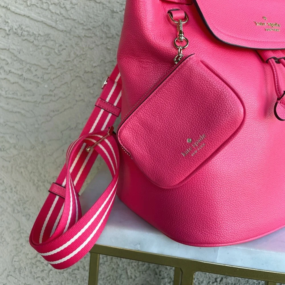 KATE SPADE Pink Leather Rosie Medium Flap Backpack w Keychain Pouch Stripe Strap